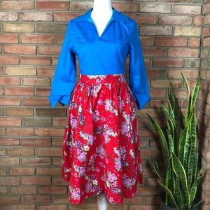 Lindy Bop Blue Top Red Floral Skirt Cotton Dress